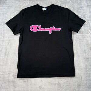 Champion Shirt Womens Large Black Pink Teal Script Logo Athleisure Streetwear